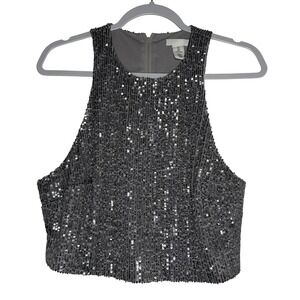 HM Silver Sequin Crop Top High Neck Sleeveless Back Zip Party Tank Large‎